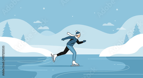 Winter sports ice skating vector illustration with snowy landscape and ice skating athlete