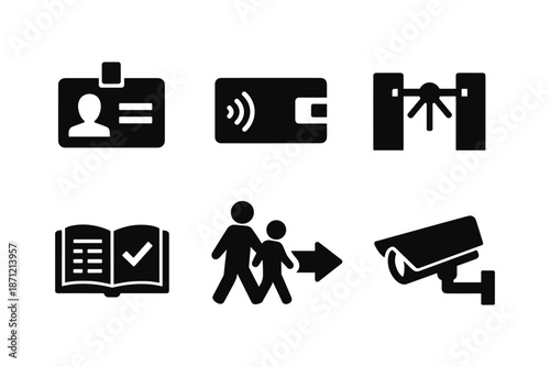 Access and security icons: badge, card, turnstile, book, pedestrian, camera
