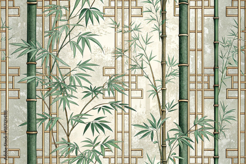 Bamboo forest pattern with green stalks and leaves against geometric lattice background in vintage style