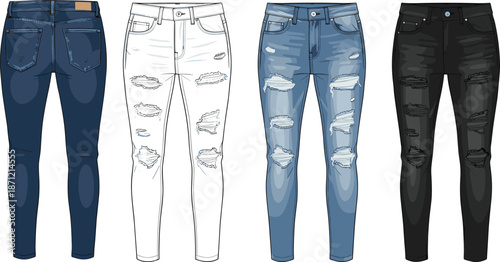 Women’s Skinny Ripped Jeans Collection Illustration Showing Front and Back Views, Distressed Denim Pants in Blue, White, and Black for Fashion Design Use