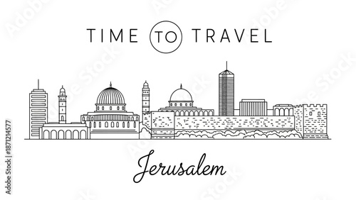 Jerusalem Skyline Line Drawing Vector Featuring Historic Architecture and Travel Typography for Cultural Tourism, Faith-Based Campaigns, and Destination Branding Projects