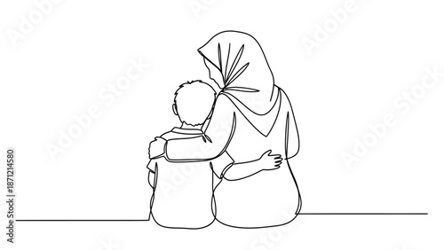 Islamic Family Bond Line Drawing Vector Featuring Child and Adult in Headscarf for Emotional Support, Cultural Identity, and Spiritual Care Projects