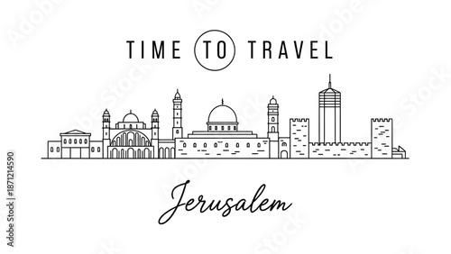 Jerusalem Skyline Line Drawing Vector Featuring Historic Architecture and Travel Typography for Cultural Tourism, Faith-Based Campaigns, and Destination Branding Projects