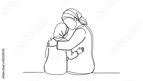 Islamic Family Bond Line Drawing Vector Featuring Child and Adult in Headscarf for Emotional Support, Cultural Identity, and Spiritual Care Projects