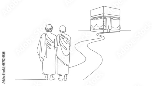 Hajj Pilgrimage Line Drawing Vector Featuring Kaaba and Walking Figures in Traditional Attire for Islamic Devotion, Spiritual Journey, and Faith-Based Projects