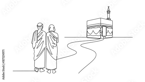 Hajj Pilgrimage Line Drawing Vector Featuring Kaaba and Walking Figures in Traditional Attire for Islamic Devotion, Spiritual Journey, and Faith-Based Projects