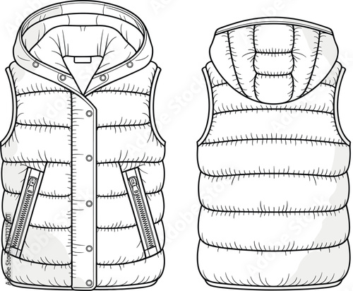 PrintFlat fashion technical sketch of a quilted puffer vest with hood, front snap buttons, and diagonal zip pockets for winter.