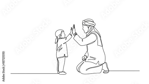 High-Five Line Drawing Vector Featuring Child and Adult in Headscarf for Encouragement, Cultural Bonding, and Faith-Based Positive Interaction Projects