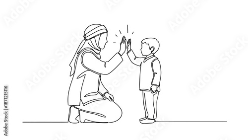 High-Five Line Drawing Vector Featuring Child and Adult in Headscarf for Encouragement, Cultural Bonding, and Faith-Based Positive Interaction Projects