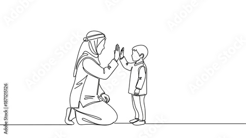 High-Five Line Drawing Vector Featuring Child and Adult in Headscarf for Encouragement, Cultural Bonding, and Faith-Based Positive Interaction Projects