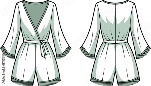 PrintFlat fashion technical sketch of a women’s wrap front satin romper with kimono sleeves, waist tie, and decorative fringe trim.