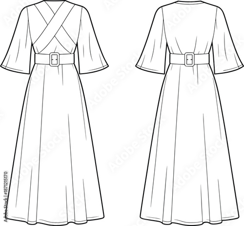 PrintFlat fashion technical sketch of a women’s maxi dress with cross front bodice, wide buckled belt, and elegant flare sleeves.