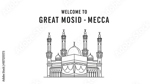 Great Mosque Mecca Vector Illustration Featuring Kaaba, Minarets, and Domes for Islamic Pilgrimage, Spiritual Decor, and Faith-Based Design Projects