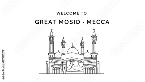 Great Mosque Mecca Vector Illustration Featuring Kaaba, Minarets, and Domes for Islamic Pilgrimage, Spiritual Decor, and Faith-Based Design Projects