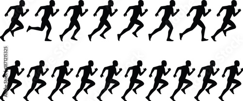 Running Man Silhouette Sequence Showing Sprint and Jogging Motion, Black Athlete Figures Illustration Set for Sports, Fitness, Animation, and Design Projects