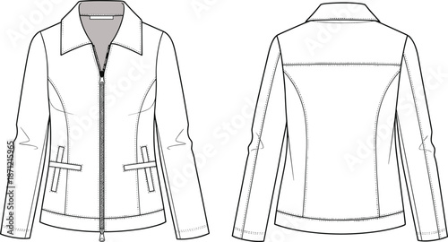 PrintTechnical flat sketch of a women's zip-up jacket with collar, princess seams, welt pockets, and back yoke, front and back.