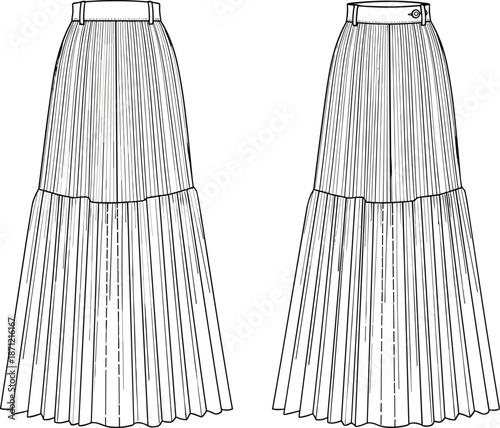 PrintTechnical flat sketch of women's pleated tiered maxi skirt, high waisted with belt loops, front and back views, vector.