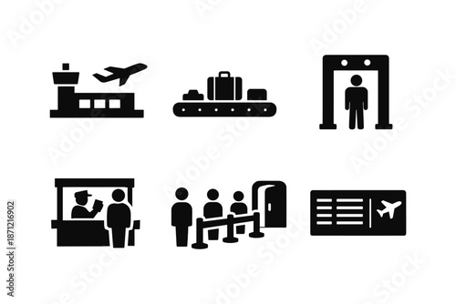Airport icons set: passport control, security check, and boarding