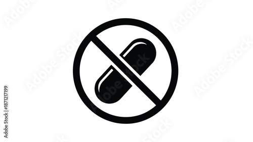 A black and white illustration depicting a prohibition sign with a capsule inside