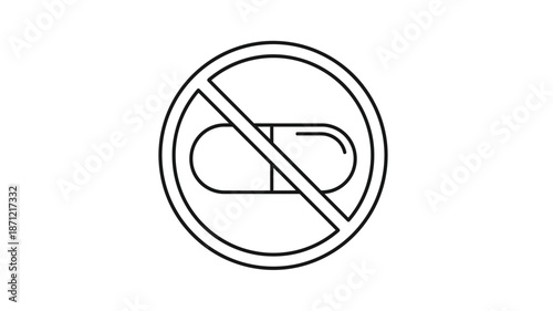 A black and white illustration of a prohibition sign featuring a pill capsule