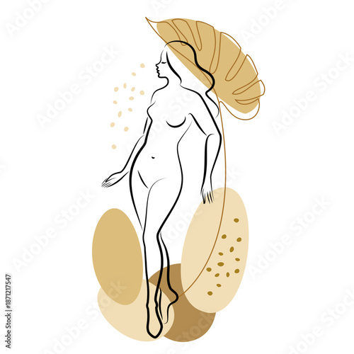 Silhouette of a cute lady and leaves of a plant. The girl is standing. The woman has a beautiful naked figure. She is young and slim. Vector illustration.