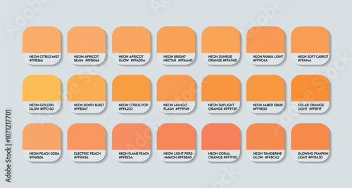 Neon Light Orange Color Guide Palette with Color Names. Catalog Samples Neon Orange with RGB HEX codes and Names. Neon Orange Clothing Colors Palette Vector, Neon Light Orange Paint Color Palette