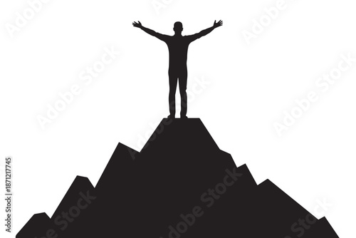 A powerful silhouette of a triumphant individual standing atop a mountain peak with arms outstretched, symbolizing ultimate achievement, success, and freedom