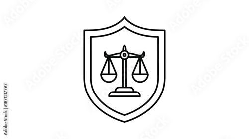 A simple black and white illustration of a shield containing scales of justice