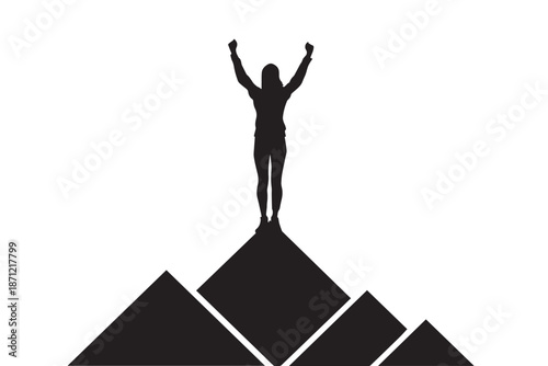 Powerful graphic illustration of a triumphant figure celebrating success atop a symbolic mountain peak, embodying achievement and overcoming challenges
