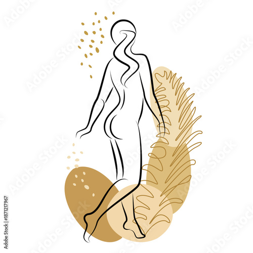 Silhouette of a cute lady and leaves of a plant. The girl is standing. The woman has a beautiful naked figure. She is young and slim. Vector illustration.