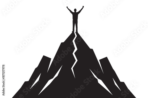 Victorious silhouette stands atop a rugged mountain peak, embodying the spirit of ultimate achievement, personal triumph, and overcoming monumental challenges