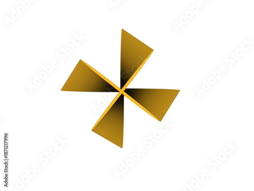 Abstract Golden Geometric Pinwheel on White Background | Minimalist Metallic Shape with Sharp Angles and Symmetrical Design for Modern, Elegant, and Creative Visual Projects
