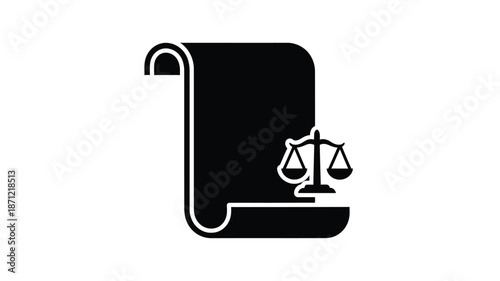 A black silhouette of a scroll with scales of justice representing law and legal concepts