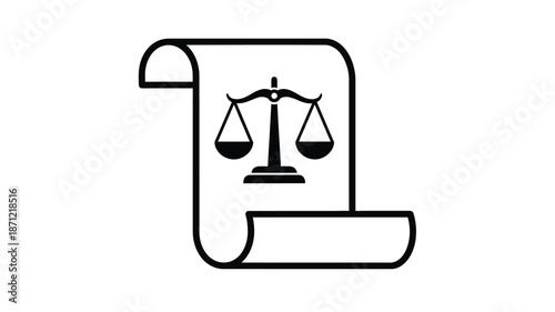 A black and white illustration of a scroll with a scales of justice symbol