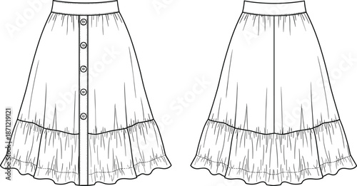 PrintWomen button down tiered midi skirt technical fashion sketch, high waist ruffled A-line skirt with front buttons, apparel vector template