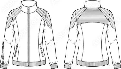 PrintWomen zip up track jacket technical fashion sketch, raglan sleeve athletic sweatshirt with quilted shoulder panels, apparel flat vector template