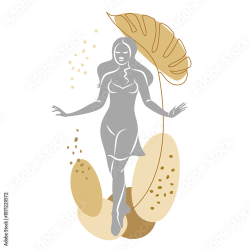 Silhouette of a cute lady and leaves of a plant. The girl is standing. The woman has a beautiful figure. She is young and slim. Vector illustration.
