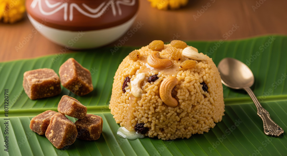 Fototapeta premium Sweet pongal rice on banana leaf with jaggery and ghee for harvest celebration, makar sankranti and lohri