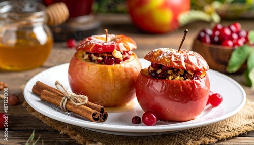 Festive Baked Apples with Cranberries and Cinnamon Sticks.