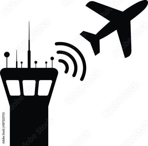 Air traffic control tower silhouette with airplane and radar signal icon, aviation communication concept, airport safety navigation symbol, minimalist black vector illustration on white background.
