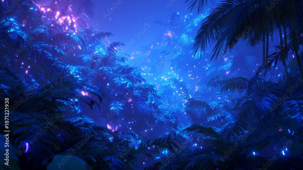 Fototapeta premium Luminous flora in mystical night jungle. AI generated