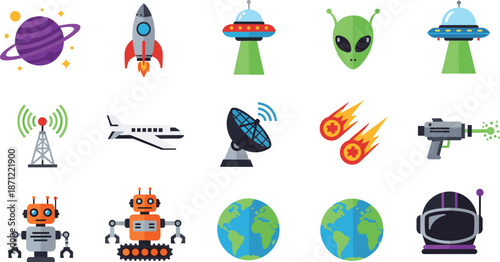 Cartoon-style space and technology icon set featuring UFOs, aliens, rockets, robots, satellites, and astronaut gear for science fiction and astronomy themes.