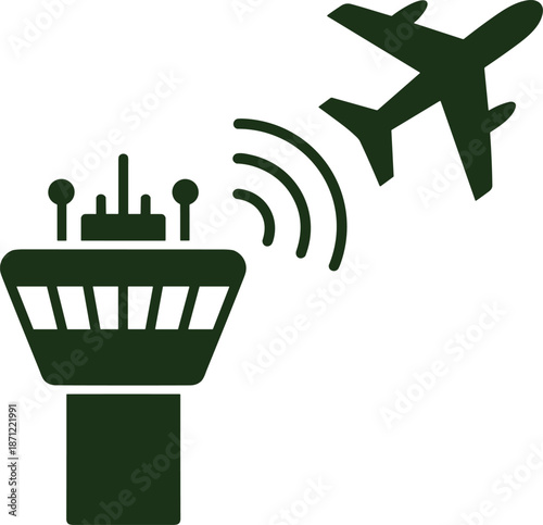 Stylized vector of air traffic control tower communicating with airplane via radio signals, symbolizing aviation safety, flight operations, and airport communication systems.