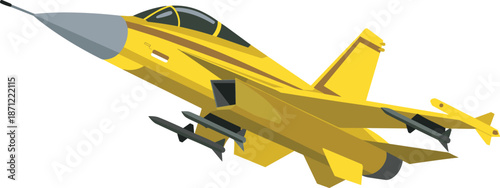 Stylized yellow fighter jet vector with missiles and twin tail design, representing modern military aircraft, air combat, and defense aviation themes.
