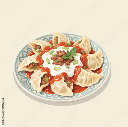 Traditional Afghan Ashak Dumplings with Leek Filling and Yogurt Sauce