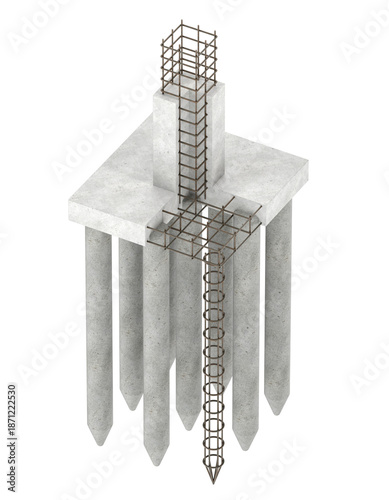Pile Foundation with Reinforced Concrete Column and Rostverk – Structural Engineering Cutaway 3D Render Isolated on White