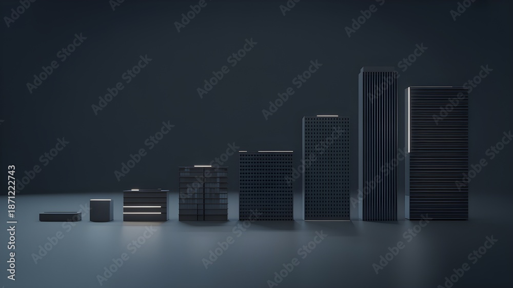Fototapeta premium Stack of servers in ascending size representing company size growth and infrastructure scale.