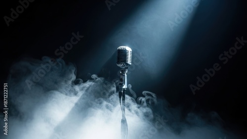 Vintage microphone in spotlight with fog for dramatic performance