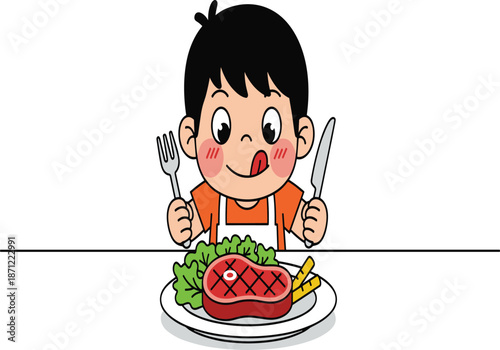 Cartoon child eating meal, happy kid dining illustration, steak and fries, healthy food, restaurant clipart, lunch time, vector art
