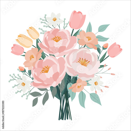 Soft pastel floral bouquet with peonies tulips and spring blossoms